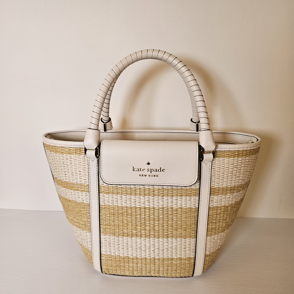 Kate Spade White and Tan Woven Bucket Bag